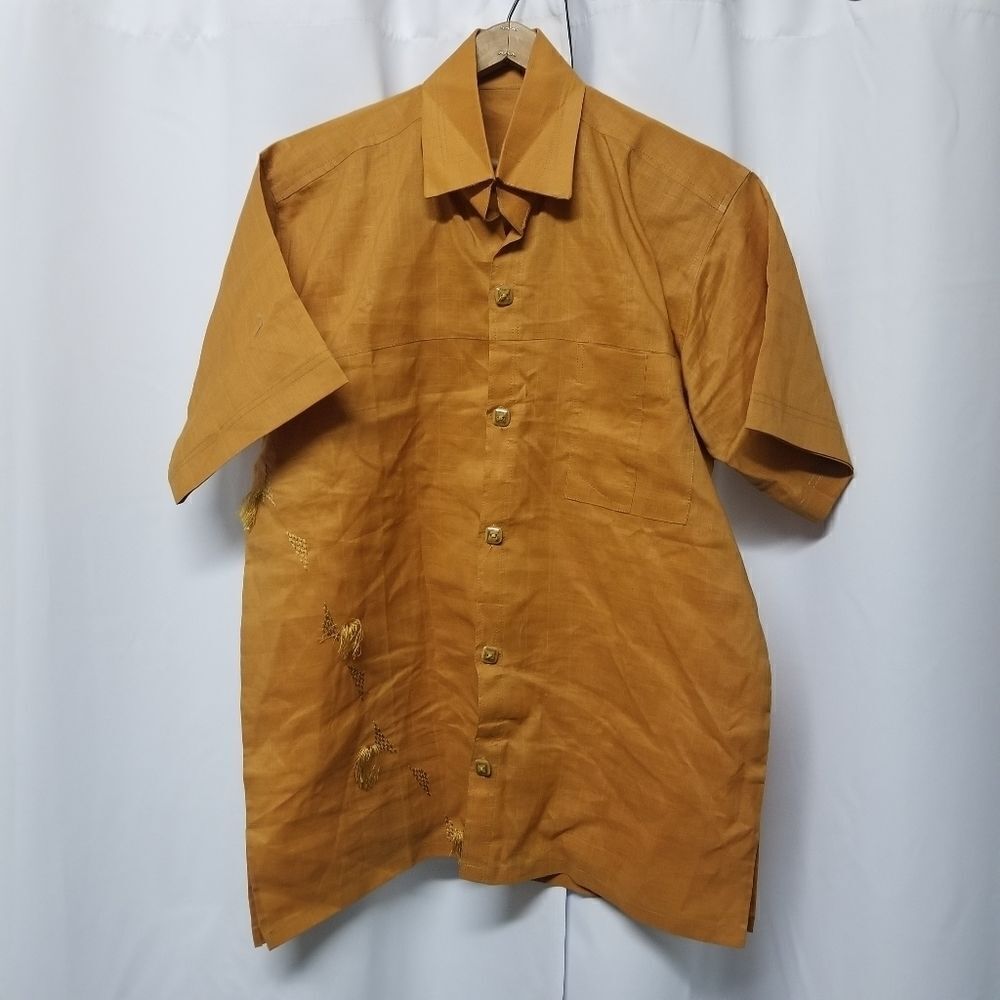 Vintage African Button Down Tee‎ Shirt Homemade Orange Casual dress